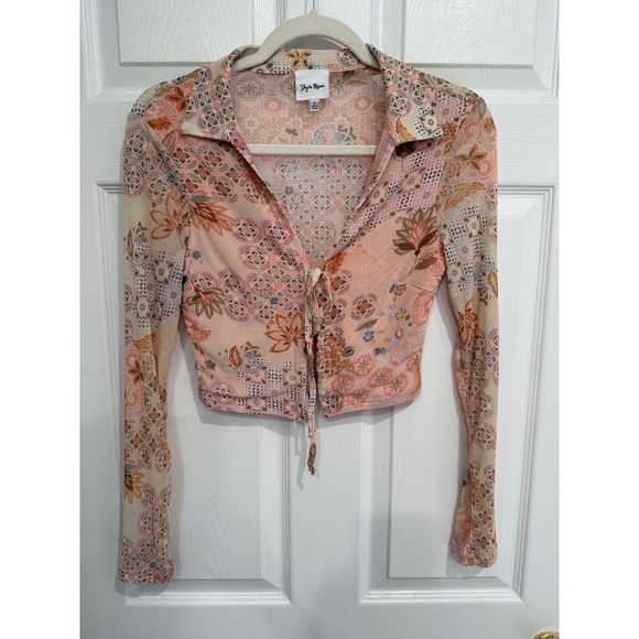 Sky To Moon Tops - Sky to Moon Peach Floral Patchwork Long Sleeve Crop Top Tie Front Boho Large